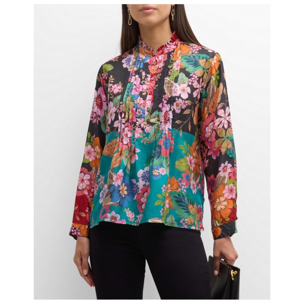 Johnny Was Lapham Malia Floral Pintuck Silk Blouse Multicolor Teal Black S